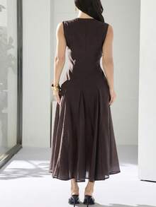 Heiryn Vestido elegante de unicolor con cuello redondo y sin mangas, talla grande, primavera/verano - Café integral - Ver 2