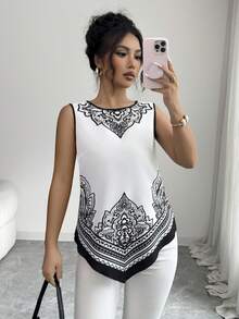 Selianne Women's White Print Sleeveless Tank Top,Round Neck Lightweight Summer Elegant Basic Work Golf Blouse,Suitable For Casual,Vacation,Beach,Office,Holiday - Black and White - View 5