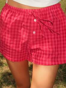 Sydney Algeri 2025 New Fall/Winter Fashionable Women's Casual Plaid Cotton Linen Shorts  New Year Clothes  Plaid Shorts - Red - View 3