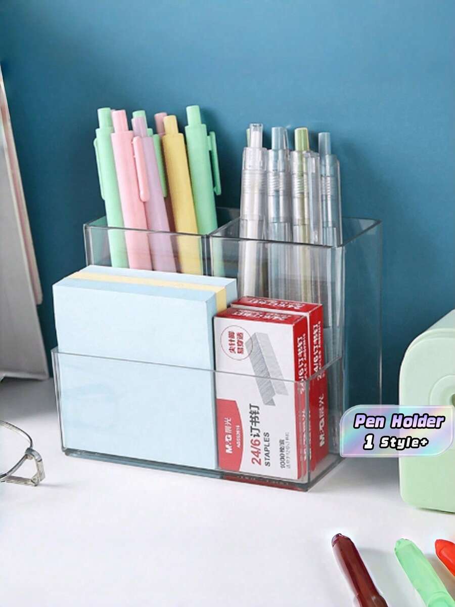 1Piece 3 Compartment Clear Pen Holder Office Desktop Supplies Organizer Box For Students Makeup Brushes Storage Cosmetic Accessories Home Office Desk Organization Must Have Trending Accessory - Clear - View 1