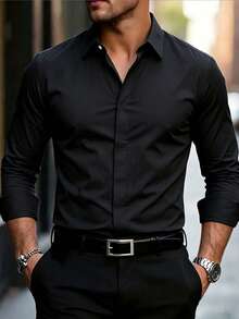 Manfinity Bizformal Men's Solid Color Business Casual Long Sleeve Formal Shirt, Ceremony - Black - View 1