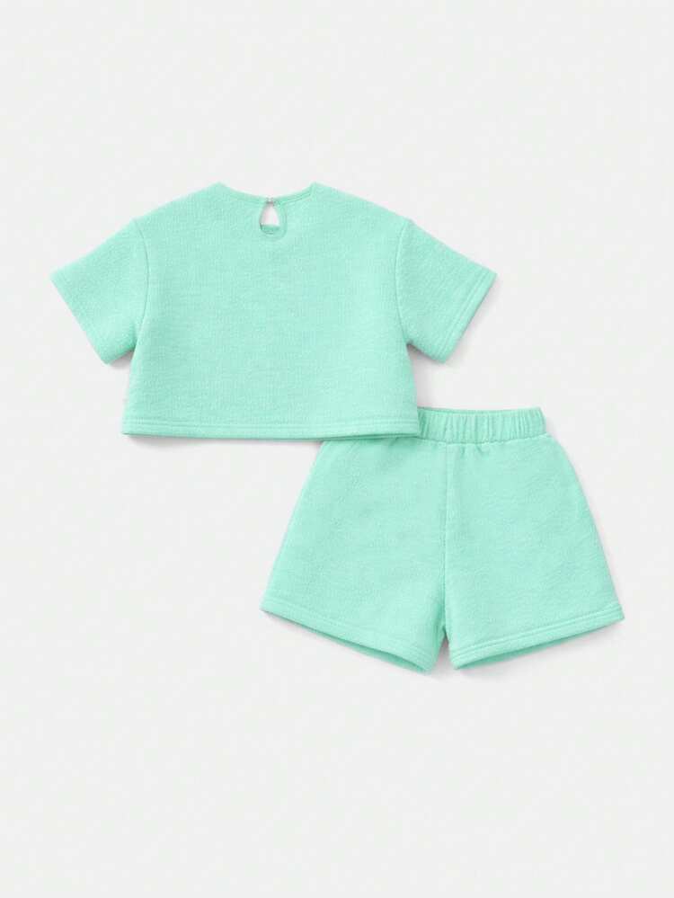Girls Mint Green Textured T-Shirt And Shorts Set With Pink Embroidered Text Detail Summer Casual Two Piece Outfit