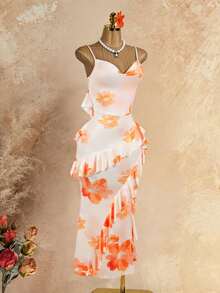 SaltGleam SaltGleam Women's Fashion Draped Neck Ruched Waist Bodycon Elegant Tropical Everyday Floral Mesh Ruffle Splice Maxi Dress For Wedding Beach Vacation, Holiday - Multicolor - View 8