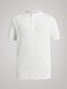 Officeau Men's Classic Henley Neck Ribbed Short Sleeve T-Shirt, Essential Summer Wardrobe Knit Tee - White - View 1