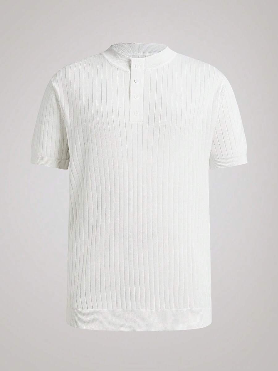 Officeau Men's Classic Henley Neck Ribbed Short Sleeve T-Shirt, Essential Summer Wardrobe Knit Tee - White - View 1