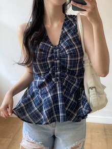 DAZY 格子无袖V领喇叭形休闲度假夏季上衣，女士背心外套 - 藏蓝色 - 查看 7
