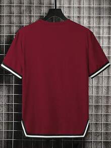 Manfinity Homme Camiseta de manga corta casual de hombre con ribete de contraste, verano - Burdeos - Ver 2