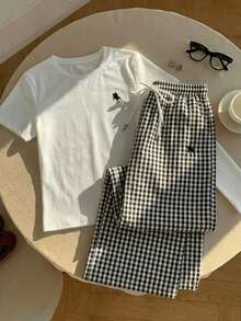 两件套休闲圆领短袖上衣和格子裤，女士休闲套装，女士夏季服装 - 彩色 - 查看 5