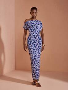 JIAN LASALA All-Over Print Mesh Women Bodycon Maxi Dress Vacation Navy Blue Floral Summer Romantic Elegant - Multicolor - View 4