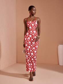 JIAN LASALA Vestido midi de mujer de Body ceñido con tirantes finos y sin mangas con estampado multicolor - Rojo - Ver 4