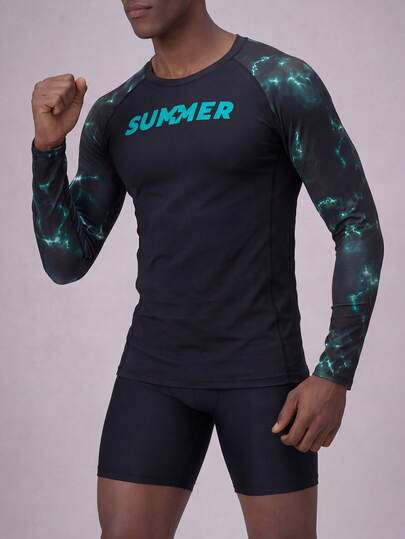 Surfspeed Men's Letter Print Long Sleeve Beach Vacation Surfing Rashguard Top Athletic Workout Shirt