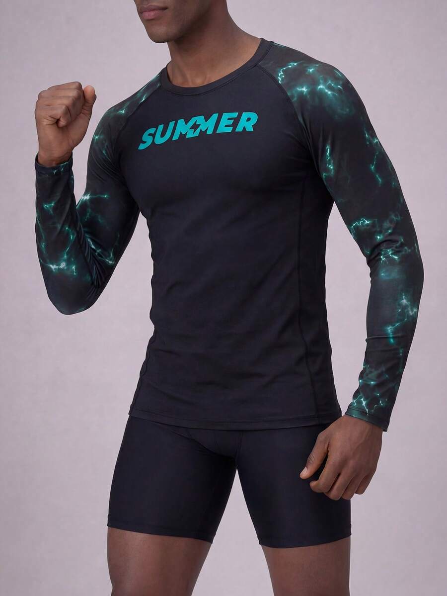 Surfspeed Men's Letter Print Long Sleeve Beach Vacation Surfing Rashguard Top Athletic Workout Shirt - Multicolor - View 1