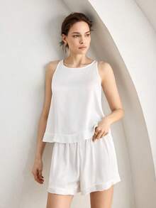 Ocili Conjunto de pijama de camiseta y pantalones cortos con volantes de seda sintética romántica para primavera, color blanco - Blanco - Ver 4
