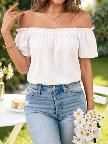 SHEIN VCAY Blus Wanita Warna Polos dengan Ruffle, Lengan Pendek, Model Off Shoulder, Modis, Warna Putih, untuk Liburan Musim Panas dan Kasual - Putih - View 7