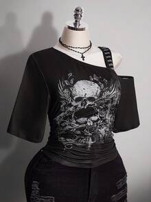 SHEIN ICON Plus Size Asymmetric Neckline Ruched Skull Print Short Sleeve T-Shirt - Multicolor - View 8