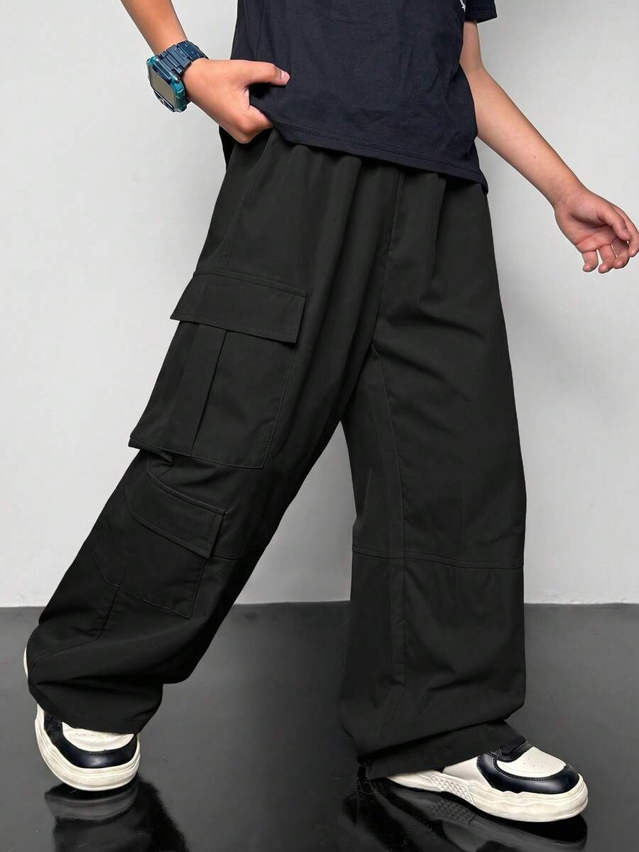 Tween Boys' Oversized Cargo Pocket Casual Loose Utility Pants, Suitable For Commuting, School, Daily Wear, Travel, Sports, Spring/Summer/Autumn/Winter - Black - View 1