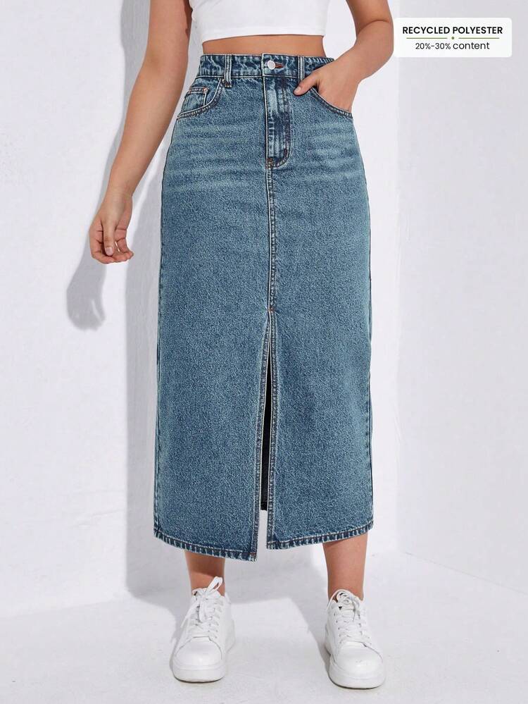 SHEIN ICON Chân váy denim ngắn màu trơn, xẻ tà cao đến đùi, có túi xéo, kiểu dáng thường ngày. - Màu xanh lam - Xem 3