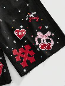 Men's Embroidered Pattern Rhinestone Loose Denim Shorts - Black - View 2