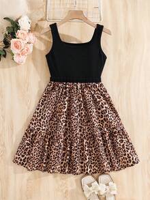 Emery Rose Kids Emery Rose Kids Tween Girl Solid Color Knit Patchwork Leopard Print Square Neck Casual Sleeveless Dress Vacation Black Summer Vacation Holiday - Black - View 4