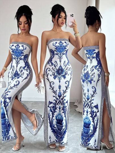 SHEIN Elenzya Elegante vestido con abertura y cintura ceñida con estampado chinoiserie, adecuado para cenas formales, galas de alta gama, eventos de marca, citas elegantes, cenas de aniversario, nuevo estilo chino, exposiciones culturales, vacaciones en resort, playa, viajes a mansiones