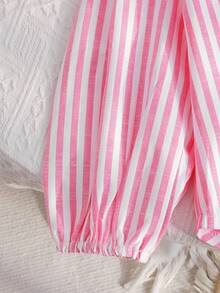 SHEIN Kids/Young Girls' Fashion Pink Striped Butterfly Decor Lantern Sleeve Shirt,White,Summer,School Back To School Casual Preppy Style Blouse - Pink - View 3