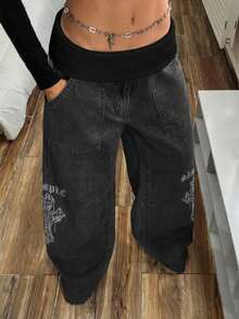 Jeans de pierna ancha con estampado de cruz lavado para mujer - Negro - Ver 8