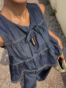 DAZY Bộ jumpsuit denim dài ống đứng không tay kiểu dáng thường ngày dành cho nữ, thích hợp cho kỳ nghỉ xuân hè. - Rửa tối - Xem 7