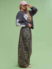COUREZ Unisex Women Men Baggy Balloon Fit Camo Trousers Y2K Vintage 100%Cotton - Khaki - View 9