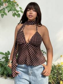 GalTyme 大码女式波点图案性感时尚吊带背心 - 棕色 - 查看 3