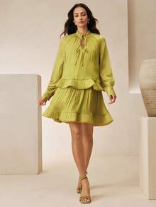 Đầm dài tay dáng chữ A, chất liệu chiffon, thiết kế mùa hè của Anewsta, kiểu dáng thanh lịch hiện đại, viền bèo nhún, chất liệu thanh lịch dành cho nữ. - màu xanh lá - Xem 7