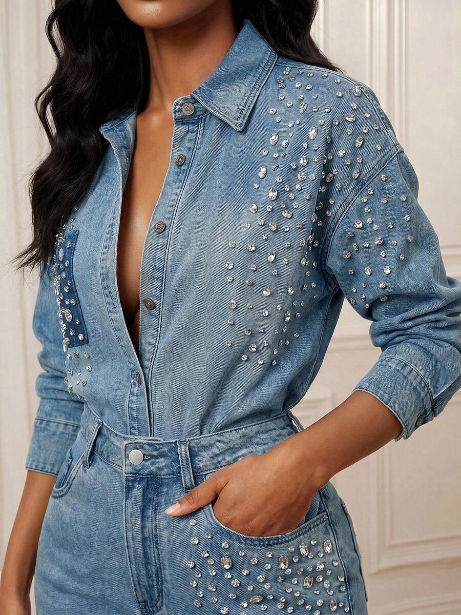 Savoree Áo sơ mi denim đính kim cương lấp lánh mới của Sparkling Party dành cho nữ, thích hợp cho Ngày Valentine/Ngày của Mẹ, màu xanh dương. - Màu xanh lam - Xem 1