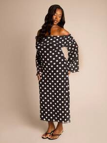FASHION SZN Plus Size Womens Polka Dot Bardot Midi Dress Off The Shoulder Sexy Elegant Mesh Dress Wedding Guest Dress Occasion Birthday Party Summer Vacation Plus Size Holiday Outfits Polka Dot Dress Monochrome Black Polka Dot Chic Plus Size Sun Dress Birthday Party - Black and White - View 3