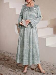 SHEIN Najma Đầm dài tay xòe màu đỏ tía sang trọng, cổ tàu, đính cườm, chất liệu jacquard, thích hợp cho mùa xuân/hè. - Màu xanh lam - Xem 6