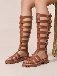 Styleloop Women's Shoes Spring And Summer New Women's Wedge Heel Platform Sandals, Metal Buckle Rivet Inlay Decoration, Tall Cool Boots, Gladiator Sandals, Rear Zipper Weaving, Roman Style Holiday Daily Wear Summer Shoes - Brown - View 5