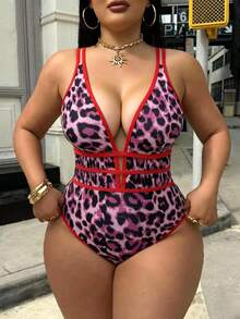 SHEIN Swim SXY Plus Size Women's Leopard Print Deep V-Neck Sexy Backless One-Piece Swimsuit For Beach & Resort - Multicolor - View 5