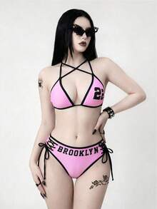 ROMWE Goth 女士优雅度假沙滩性感露背交叉可爱粉色数码印花金属孔眼比基尼套装，春夏秋季 - 粉色 - 查看 1