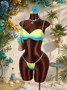 Amplova Women's Light Blue Hemp Rope Ombre Swimwear Set, & Avant-Garde Front Ruching Summer Beach Outfits,Casual Holiday Vacation Summer Festival Outfit - Multicolor - View 4