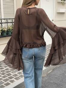 Women's Round Neck Ruffle Trim Long Sleeve Casual Elegant Pullover Semi-Sheer Blouse - Brown - View 7