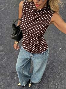 Siren Gaze 棕色底白色波点印花图案女式休闲背心，适合春夏、夏季、度假、通勤、约会、聚会、秋冬、圣诞节、新年、感恩节、派对、婚礼、海滩、毕业典礼等场合，时尚、优雅、休闲、外出、约会、预订、通勤、闪亮、情人节、优雅、度假、休闲、Y2K、外出、毕业典礼等场合。 - 彩色 - 查看 11