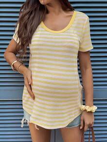 SHEIN Áo cho con bú tay ngắn cổ tròn kẻ sọc kiểu dáng thường ngày - Màu vàng - Xem 5