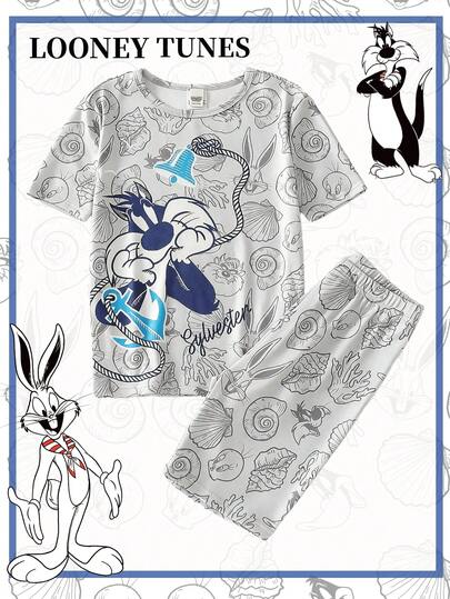 LOONEY TUNES X SHEIN Tween Boy Spring/Summer Fashion Seashell, Coral, Shell Print Stretchy Fabric Round Neck Comfortable Short Sleeve T-Shirt And Shorts 2-Piece Tight-Fit Loungewear Set