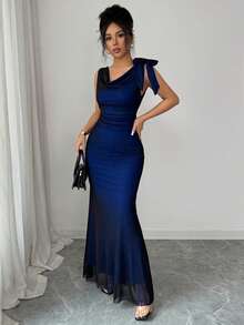 SHEIN Raffinéa Vestido ajustado con espalda descubierta, sin mangas, con cuello de volantes de malla de color contrastante, lazo en la cintura y cola de pez para mujeres - Azul - Ver 4