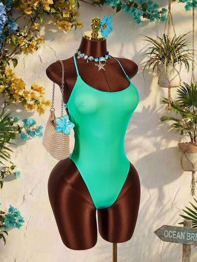 Amplova 1pc Women's Sexy Backless Colorblock One-Piece Swimsuit, Cute Mini Monokini Suitable For Vacation, Beach