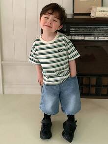 Hapijoa 男嬰休閒圓領條紋皮革貼飾短袖T恤 幼兒 - 綠色 - 查看 2