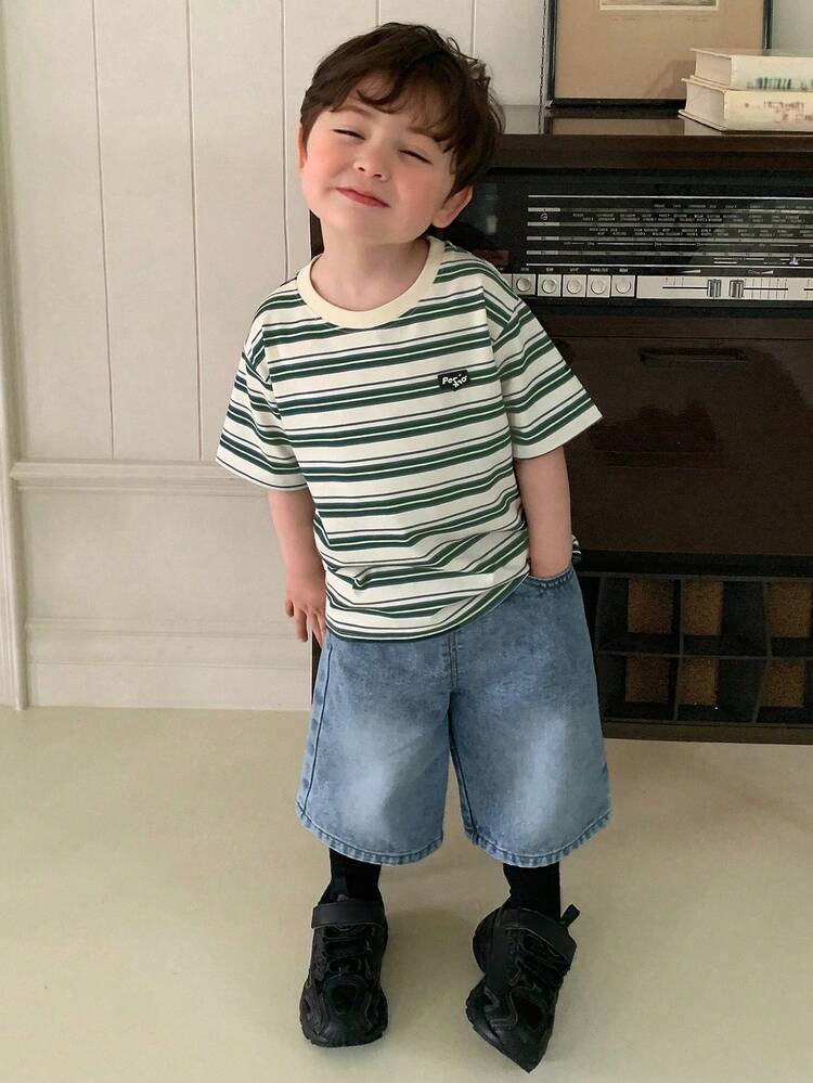 Baby Boy Casual Round Neck Striped Leather Patch Decor Short Sleeve T-Shirt