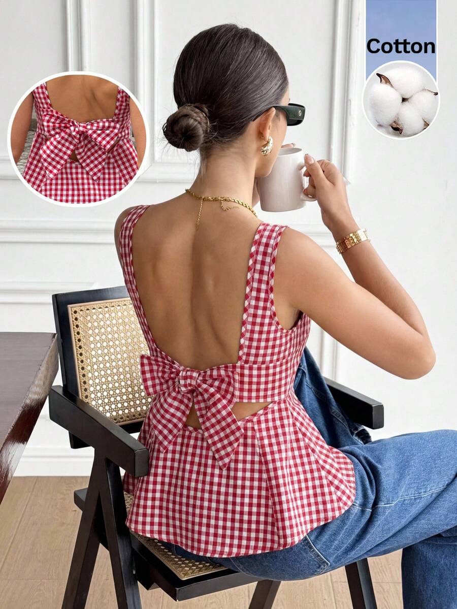 Serisse Blusa sin mangas con lazo y diseño a cuadros para vacaciones de mujer