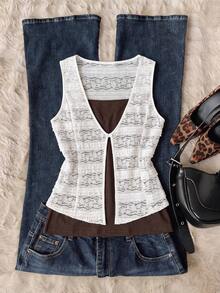 Elamini Women's Spring/Summer White & Beige Layered Elegant Commuting Jacquard Knit Camisole & T-Shirt 2-Piece Set - Coffee Brown - View 1