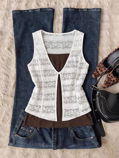 Elamini Women's Spring/Summer White & Beige Layered Elegant Commuting Jacquard Knit Camisole & T-Shirt 2-Piece Set