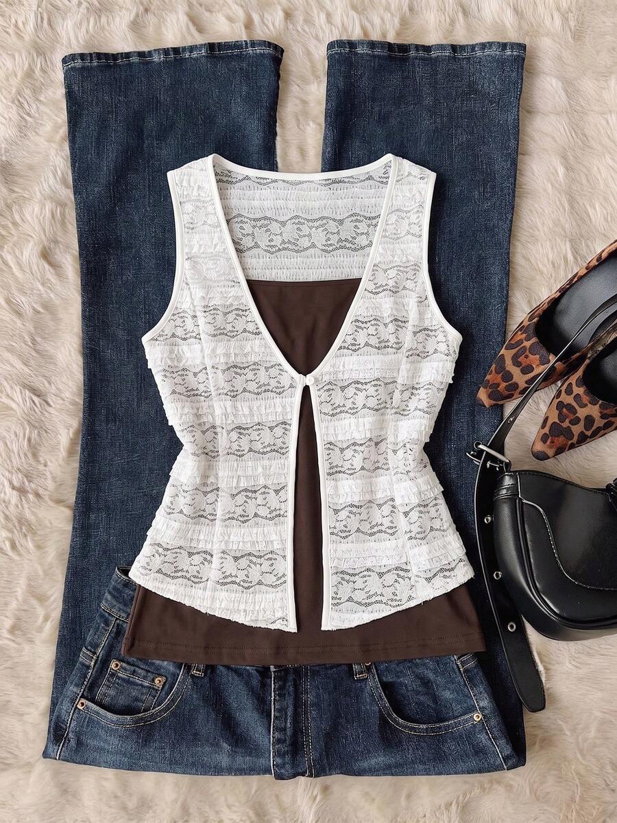 Elamini Women's Spring/Summer White & Beige Layered Elegant Commuting Jacquard Knit Camisole & T-Shirt 2-Piece Set - Coffee Brown - View 1