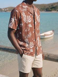 Palasendo Men's Coral Print Short Sleeve Shirt And Shorts Beach Outfit - Multicolor - View 4